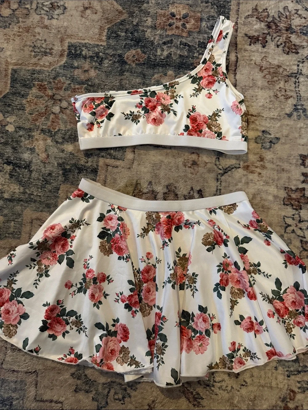 White Floral One-Shoulder Top & Skirt Set